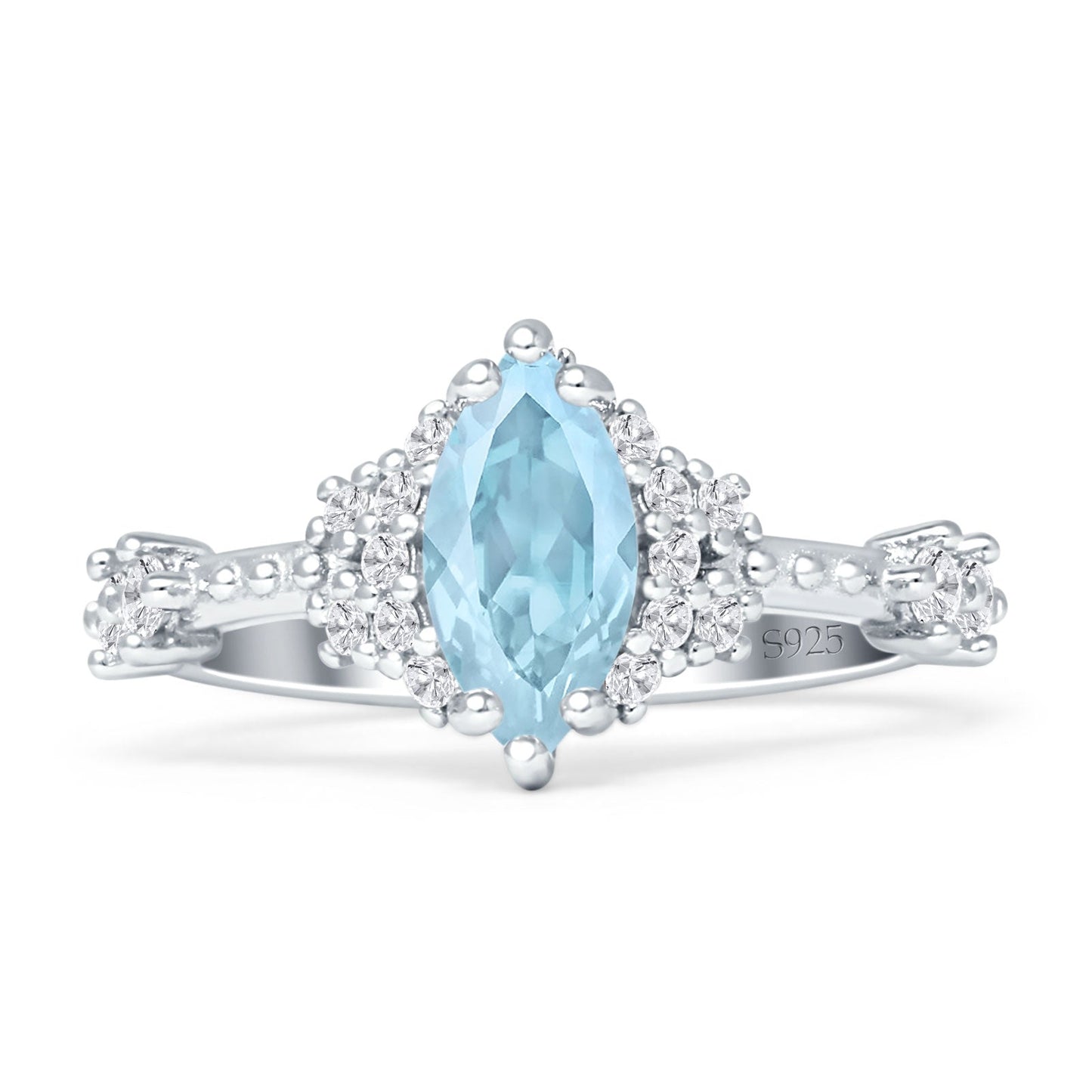 Marquise Halo Beaded Ring Aquamarine CZ