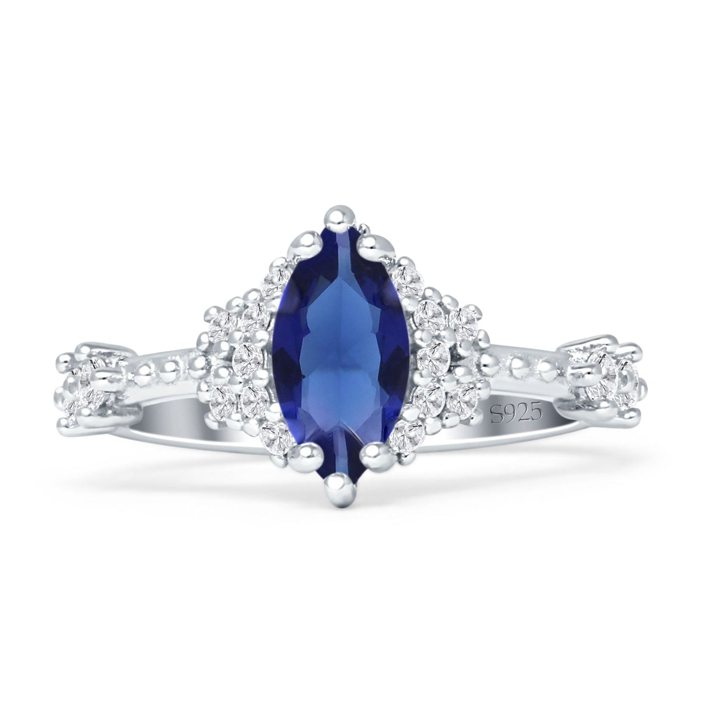 Marquise Halo Beaded Ring Blue Sapphire CZ