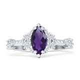 Marquise Natural Amethyst Halo Beaded Ring 925 Sterling Silver