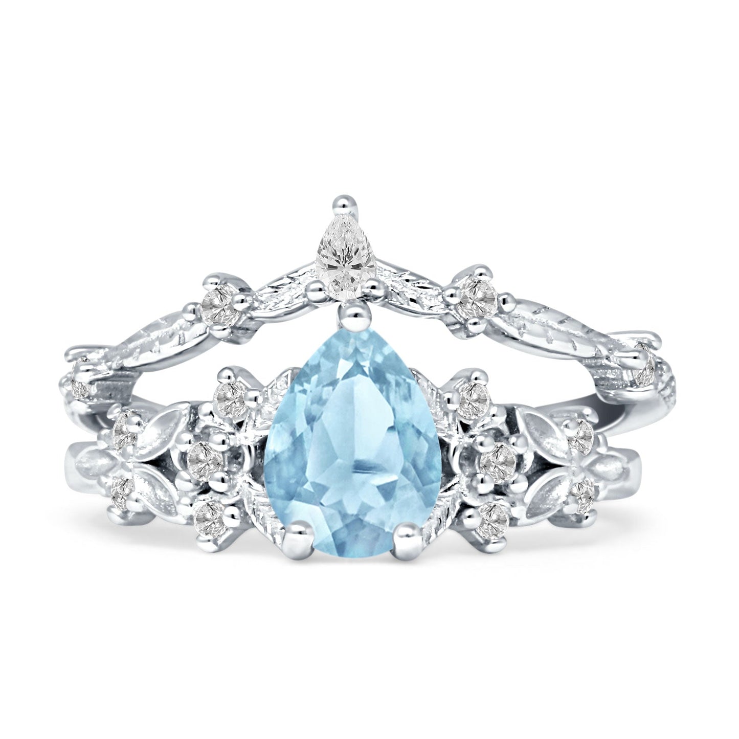 Two Piece Pear Teardrop Bridal Ring Aquamarine CZ