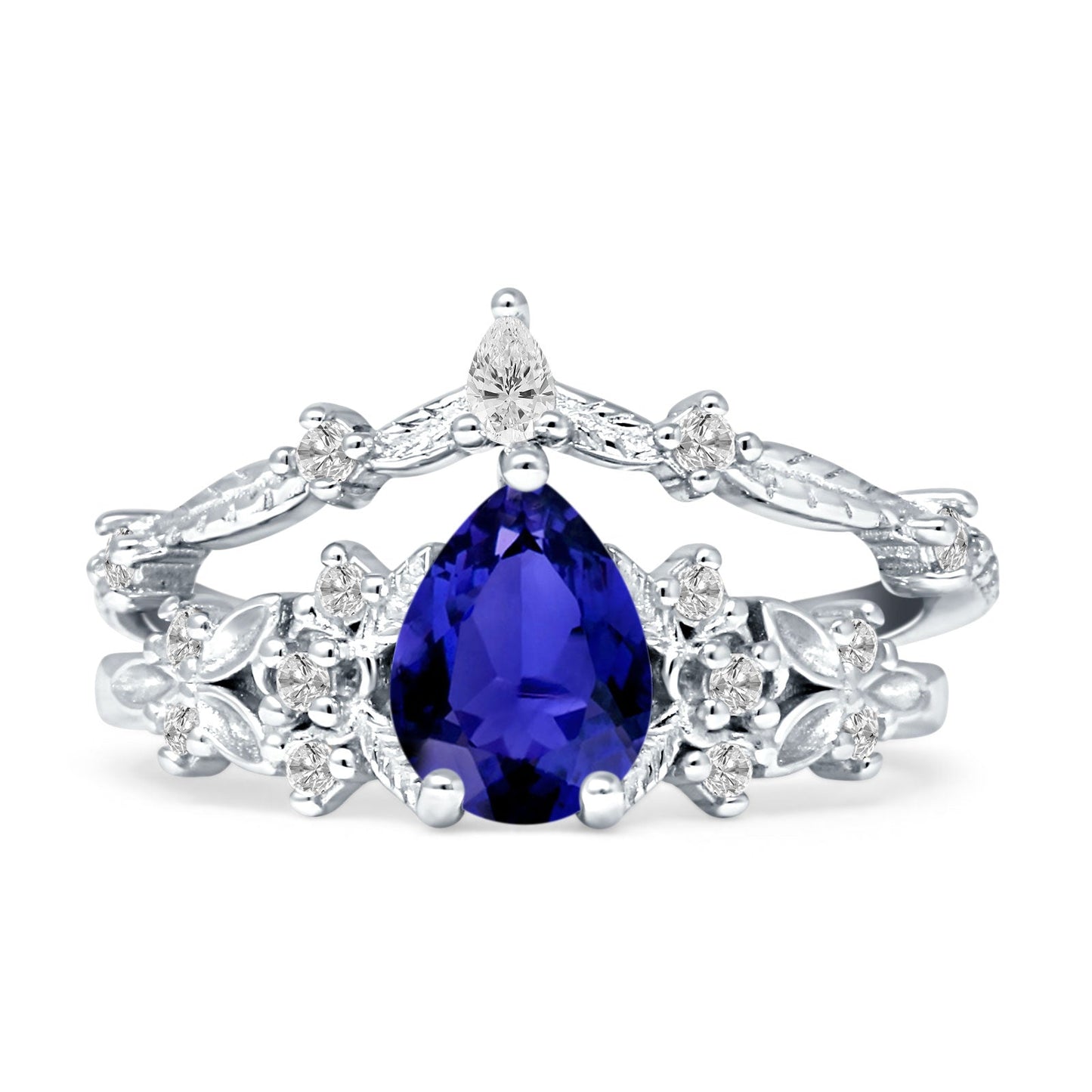 Two Piece Pear Teardrop Bridal Ring Blue Sapphire CZ