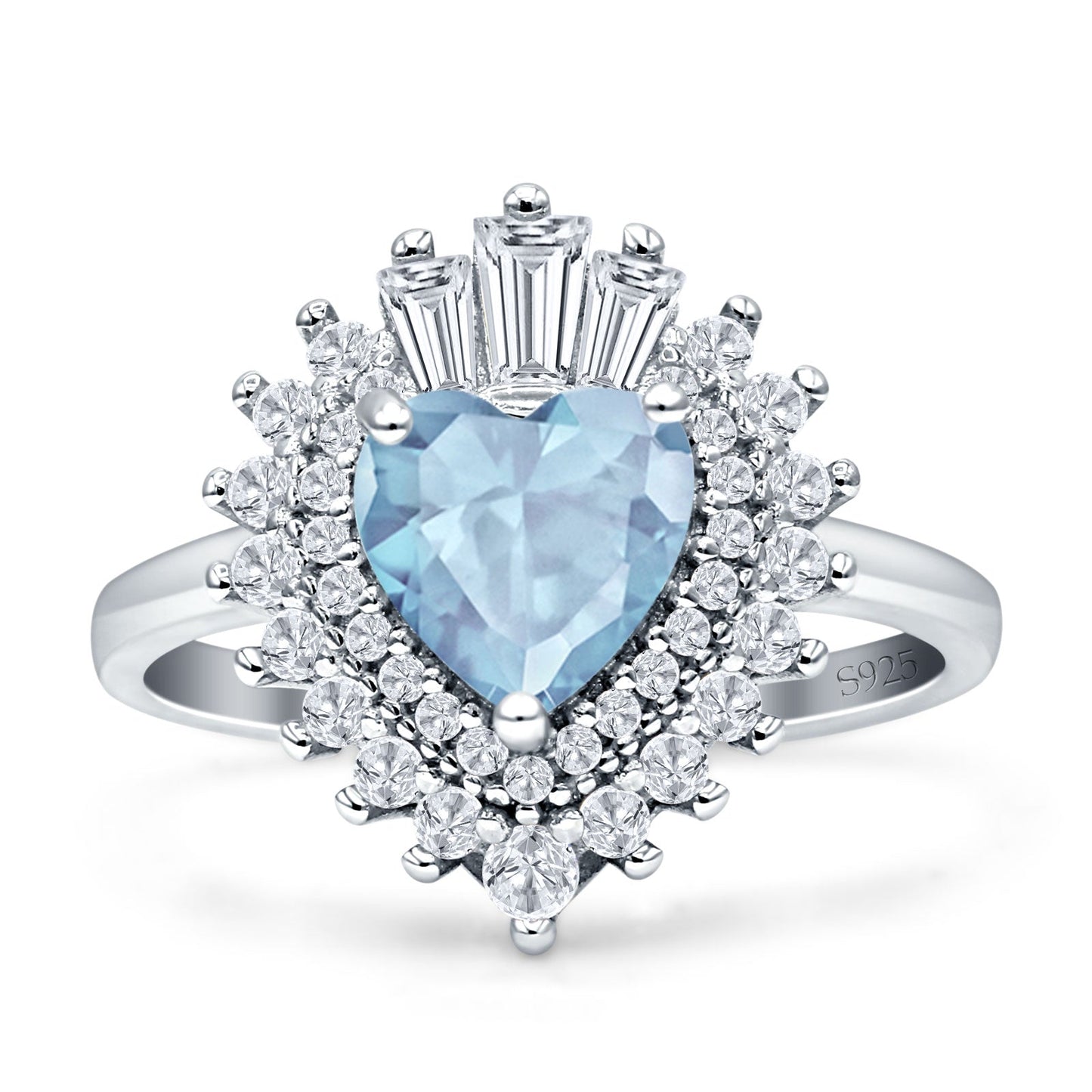 Heart Halo Aquamarine CZ Bridal Promise Ring