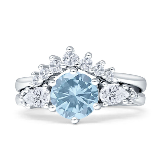 Two Piece Round Vintage Style Bridal Ring Aquamarine CZ