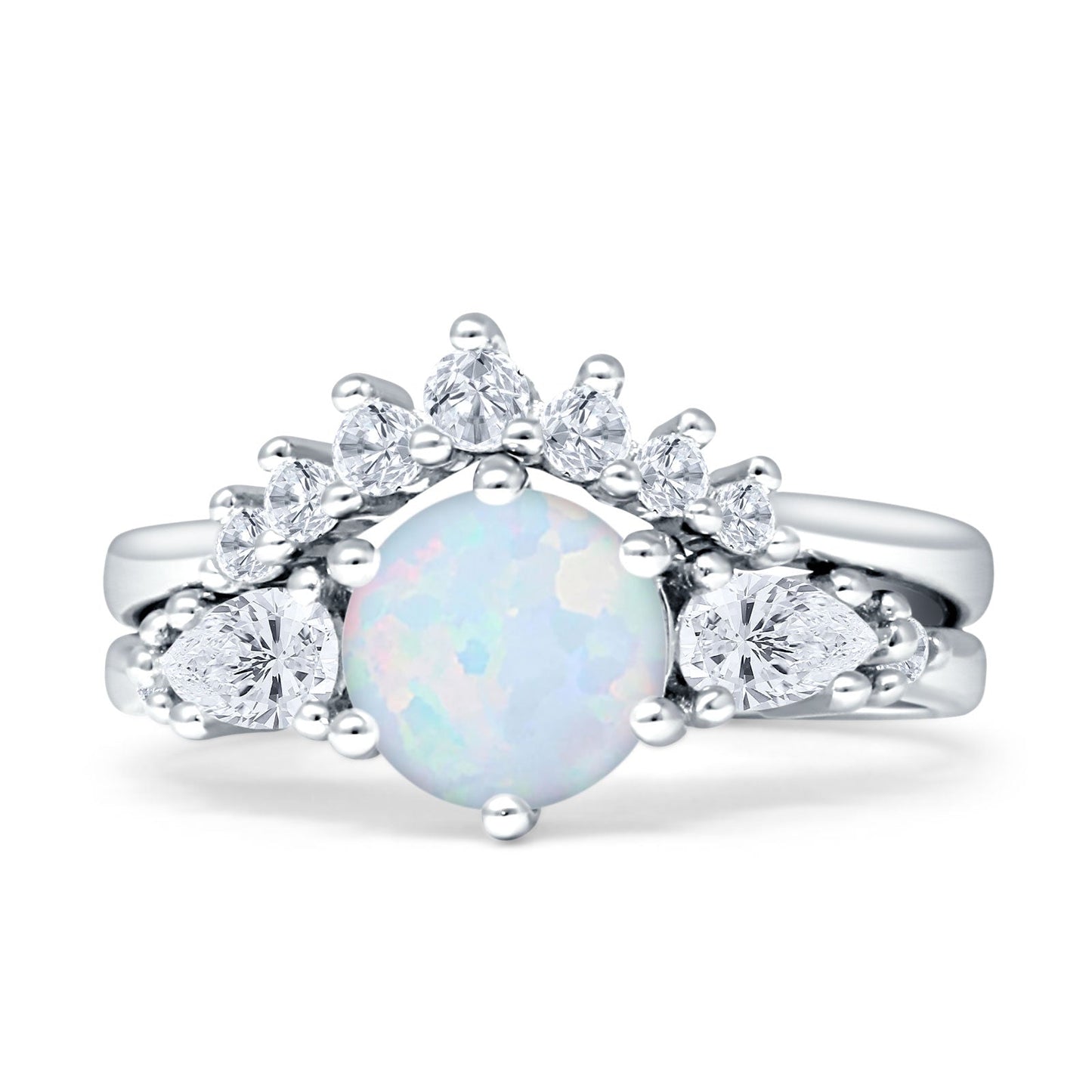 Two Piece Round Vintage Style Bridal Ring Created White Opal