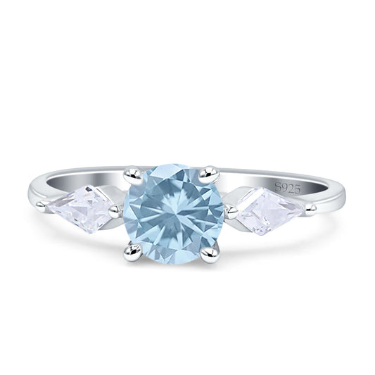 Three Stone Ring Kite Shape Accent Round Aquamarine CZ