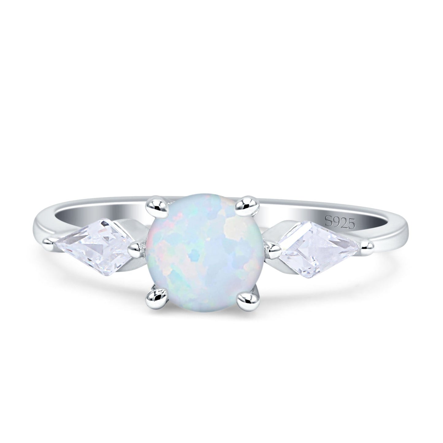 Three Stone Ring Kite Shape Accent Round Lab Created White Opal