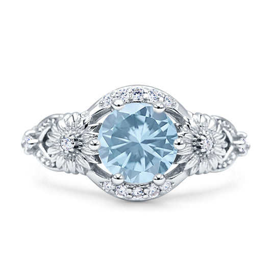 Art Deco Ring Sunflower Design Round Aquamarine CZ