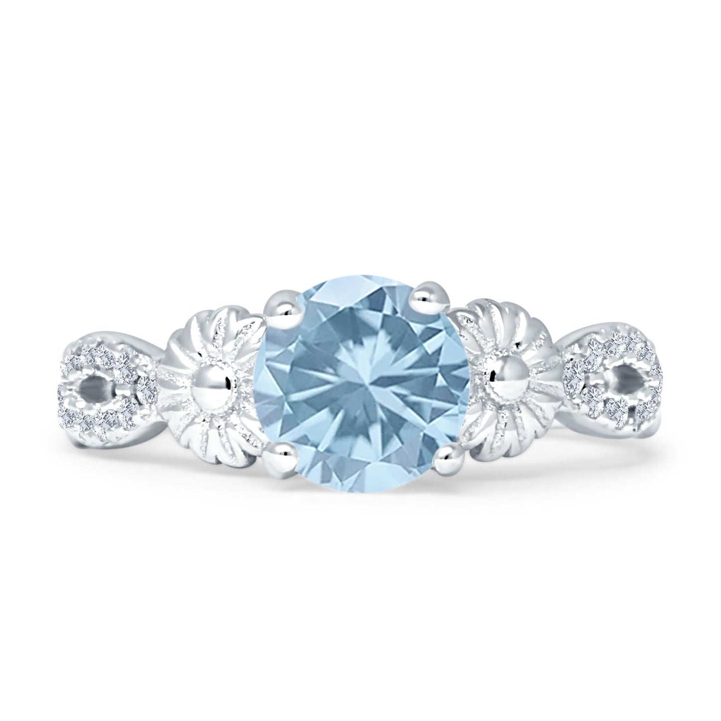 Vintage Style Sunflower Round Aquamarine CZ Ring