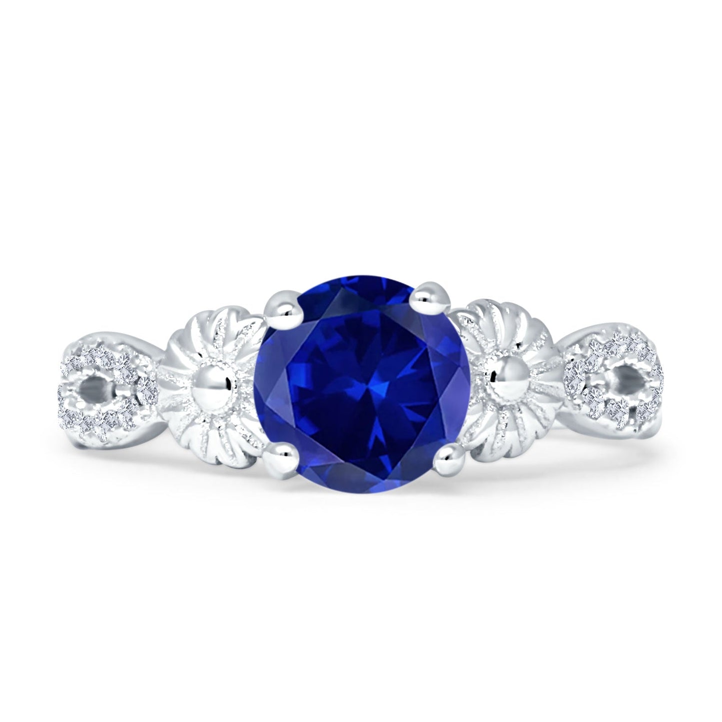 Vintage Style Sunflower Round Blue Sapphire CZ Ring