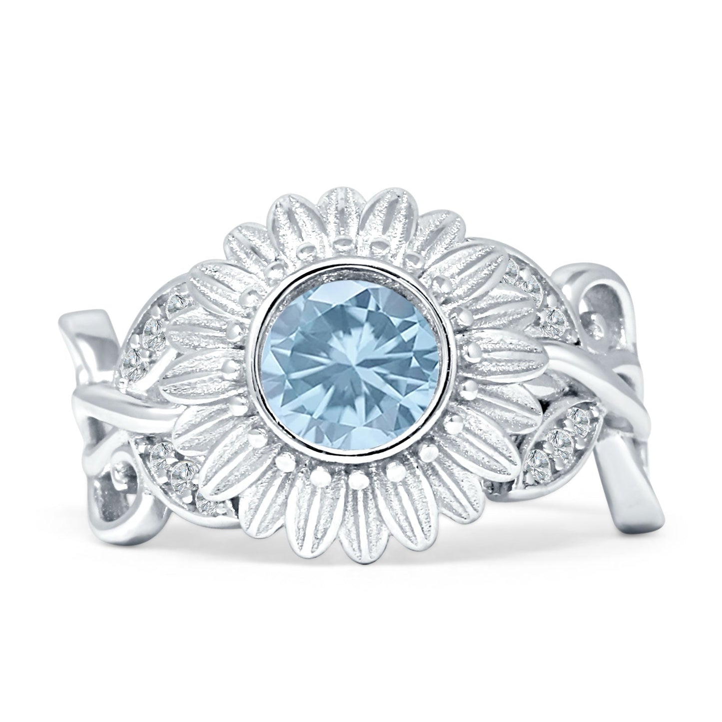 Sunflower Twisted Vine Leaf Engagement Ring Aquamarine CZ