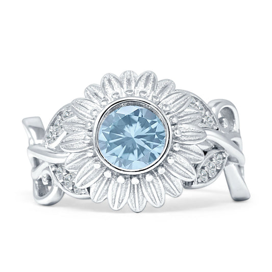 Sunflower Twisted Vine Leaf Engagement Ring Aquamarine CZ