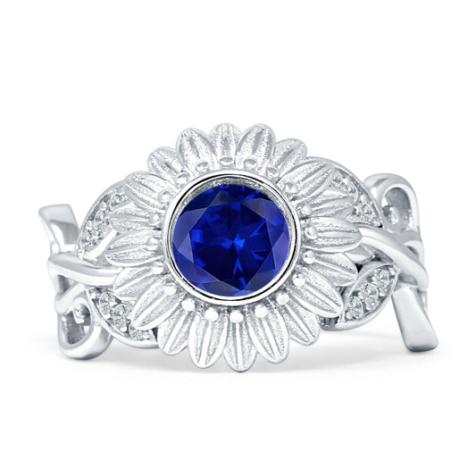 Sunflower Twisted Vine Leaf Engagement Ring Blue Sapphire CZ