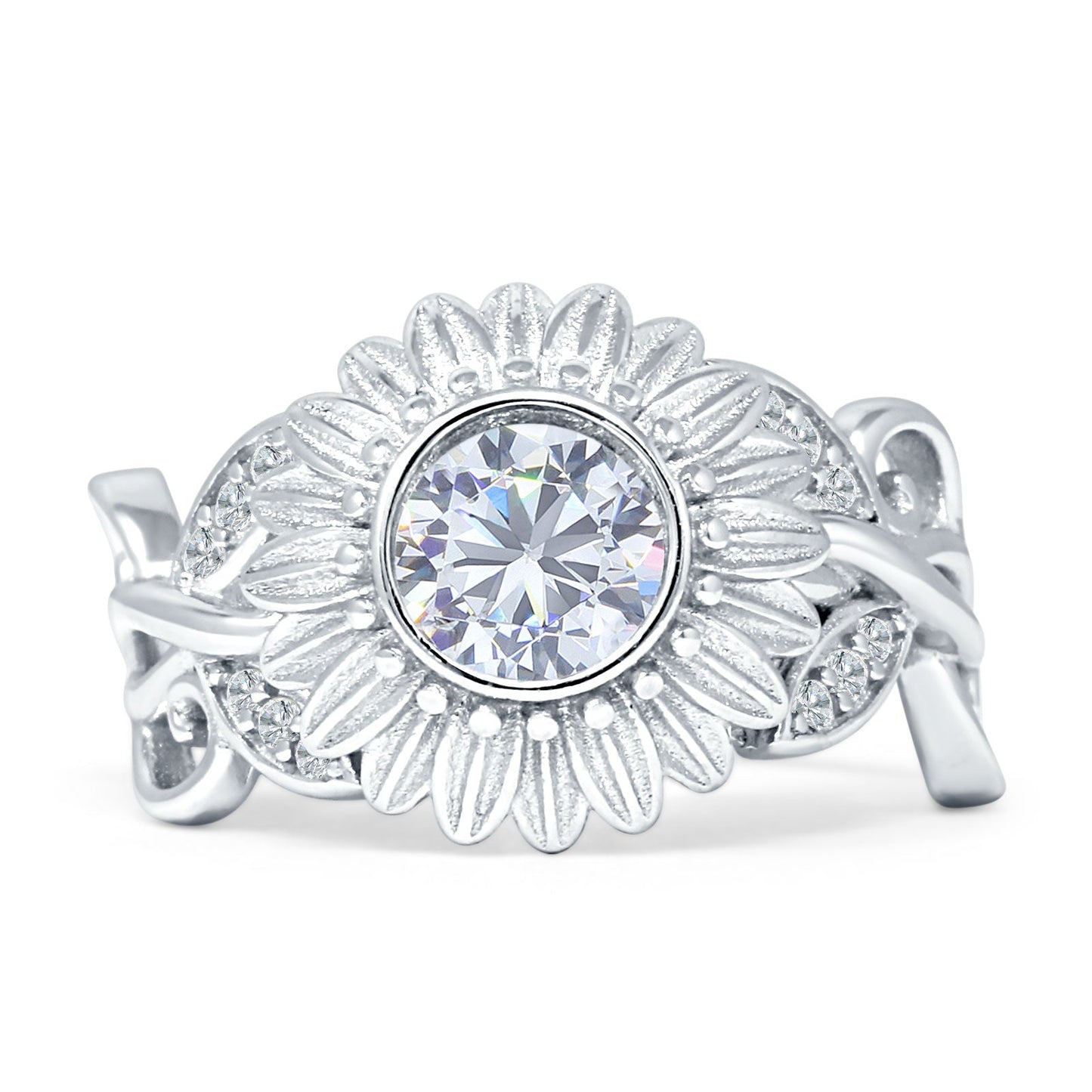 Sunflower Twisted Vine Leaf Engagement Ring Cubic Zirconia