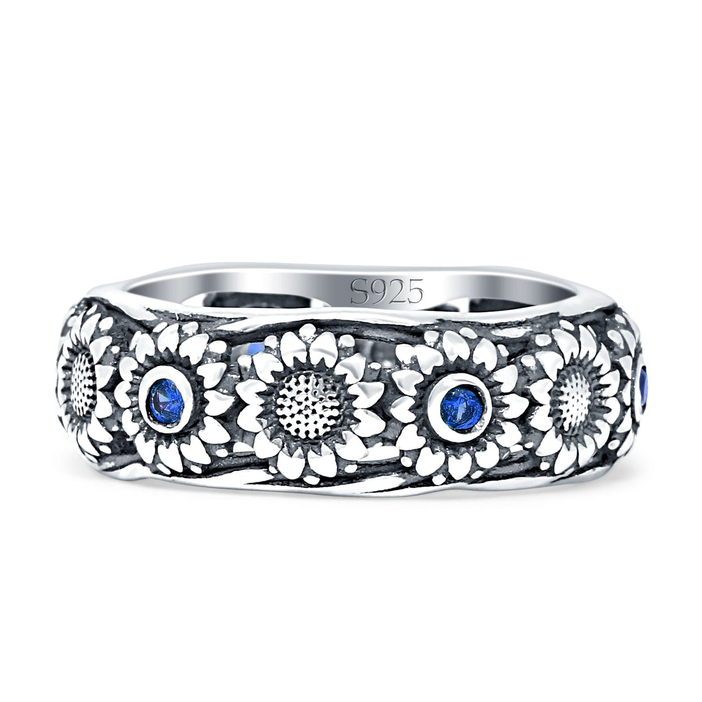 Sunflower Oxidized Statement Wedding Band Blue Sapphire CZ