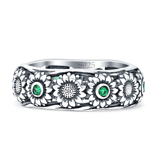 Sunflower Oxidized Statement Wedding Band Green Emerald CZ