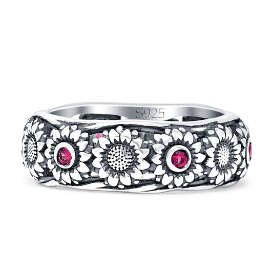 Sunflower Oxidized Statement Wedding Band Ruby CZ