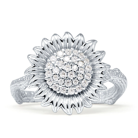 Sunflower Hammered Design Cubic Zirconia Engagement Ring