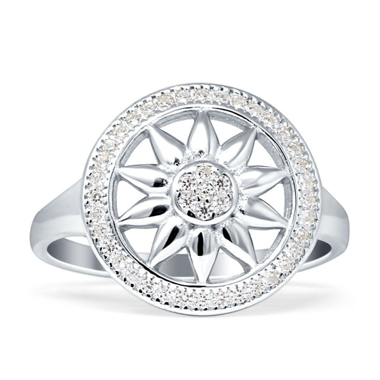 Floral Round Sunflower Compass Halo Cubic Zirconia Ring