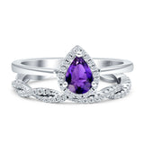 Two Piece Pear Teardrop Natural Amethyst Wedding Ring 925 Sterling Silver