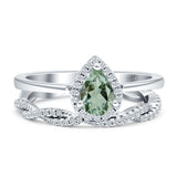Two Piece Pear Teardrop Natural Green Amethyst Prasiolite Wedding Ring 925 Sterling Silver