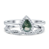 Two Piece Pear Teardrop Natural Green Moss Agate Wedding Ring 925 Sterling Silver