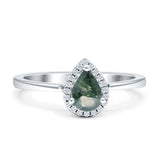 Pear Teardrop Natural Green Moss Agate Halo Solitaire Ring 925 Sterling Silver