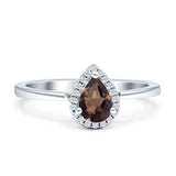 Pear Teardrop Natural Chocolate Smoky Quartz Halo Solitaire Ring 925 Sterling Silver