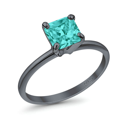 Solitaire Wedding Ring Princess Cut Black Tone, Simulated Paraiba Tourmaline CZ