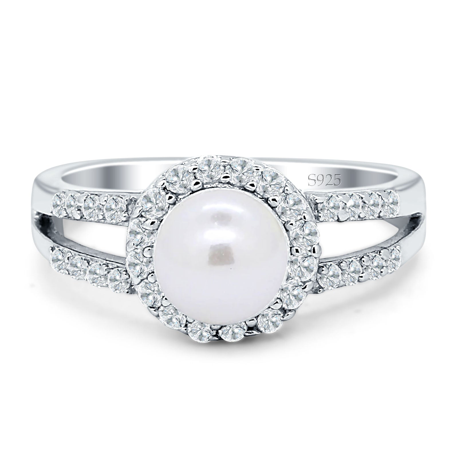 Pearl Halo Split Shank Sterling Silver Ring