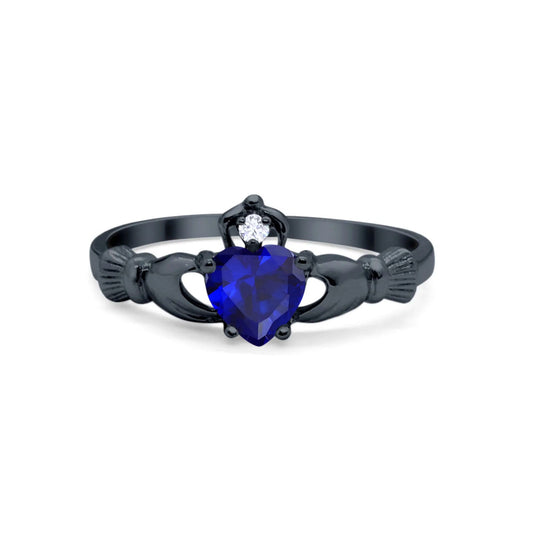 Irish Claddagh Heart Black Tone, Simulated Blue Sapphire CZ Promise Ring