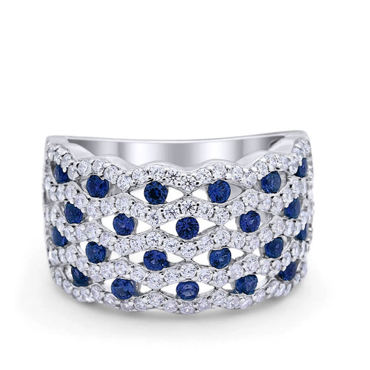 Wide Band Half Eternity Ring Round Simulated Blue Sapphire CZ