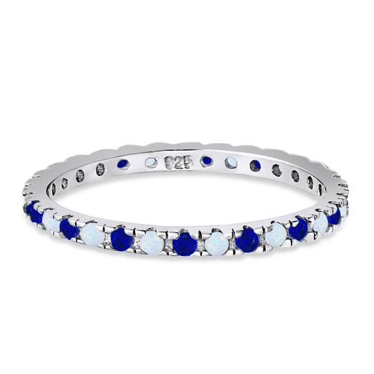 Stackable Band Wedding Ring Round Full Eternity Lab White Opal & Simulated Blue Sapphire CZ