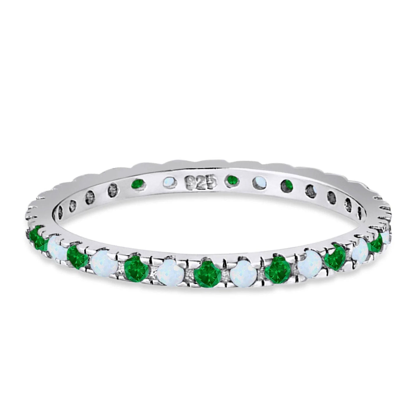 Stackable Band Wedding Ring Round Full Eternity Lab White Opal & Simulated Green Emerald CZ