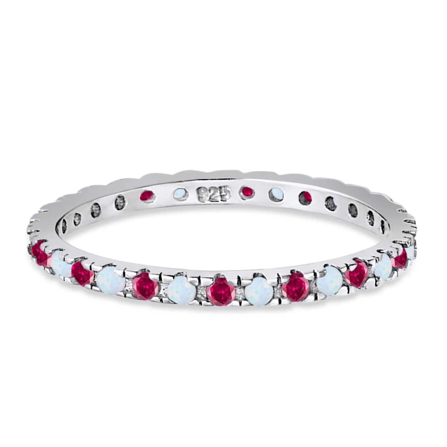 Stackable Band Wedding Ring Round Full Eternity Lab White Opal & Simulated Ruby CZ