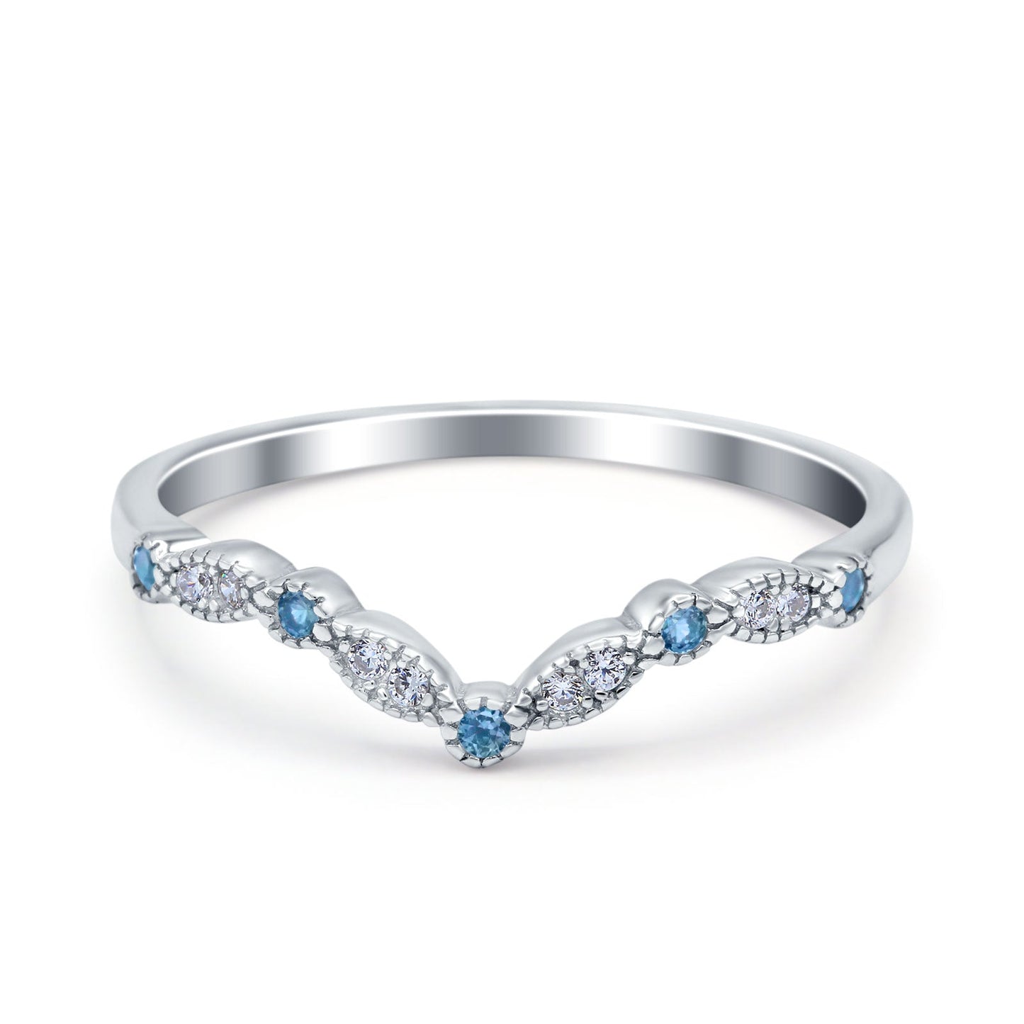 Curved Marquise Half Eternity Stackable Band Ring Simulated Aquamarine CZ