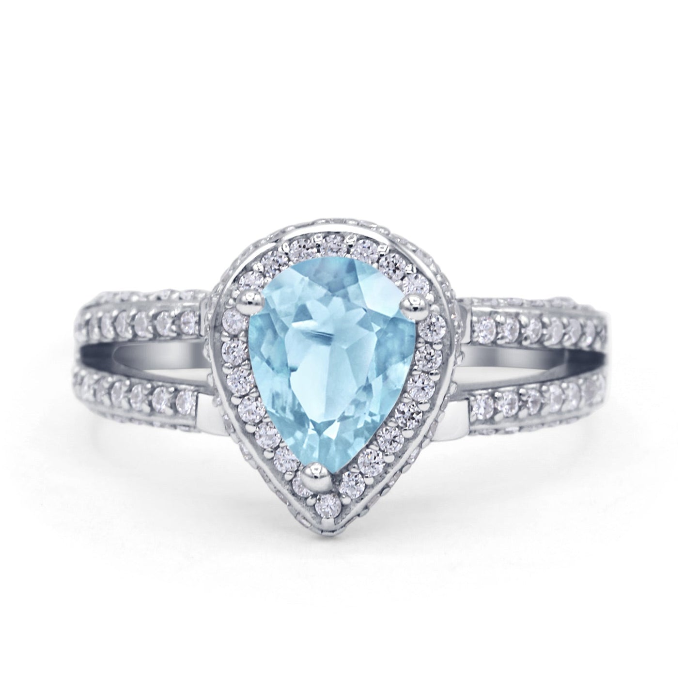 Vintage Style Teardrop Pear Halo Engagement Ring Simulated Aquamarine