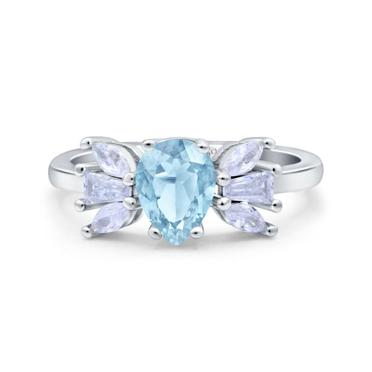 Teardrop Pear Art Deco Simulated Aquamarine CZ Wedding Engagement Ring