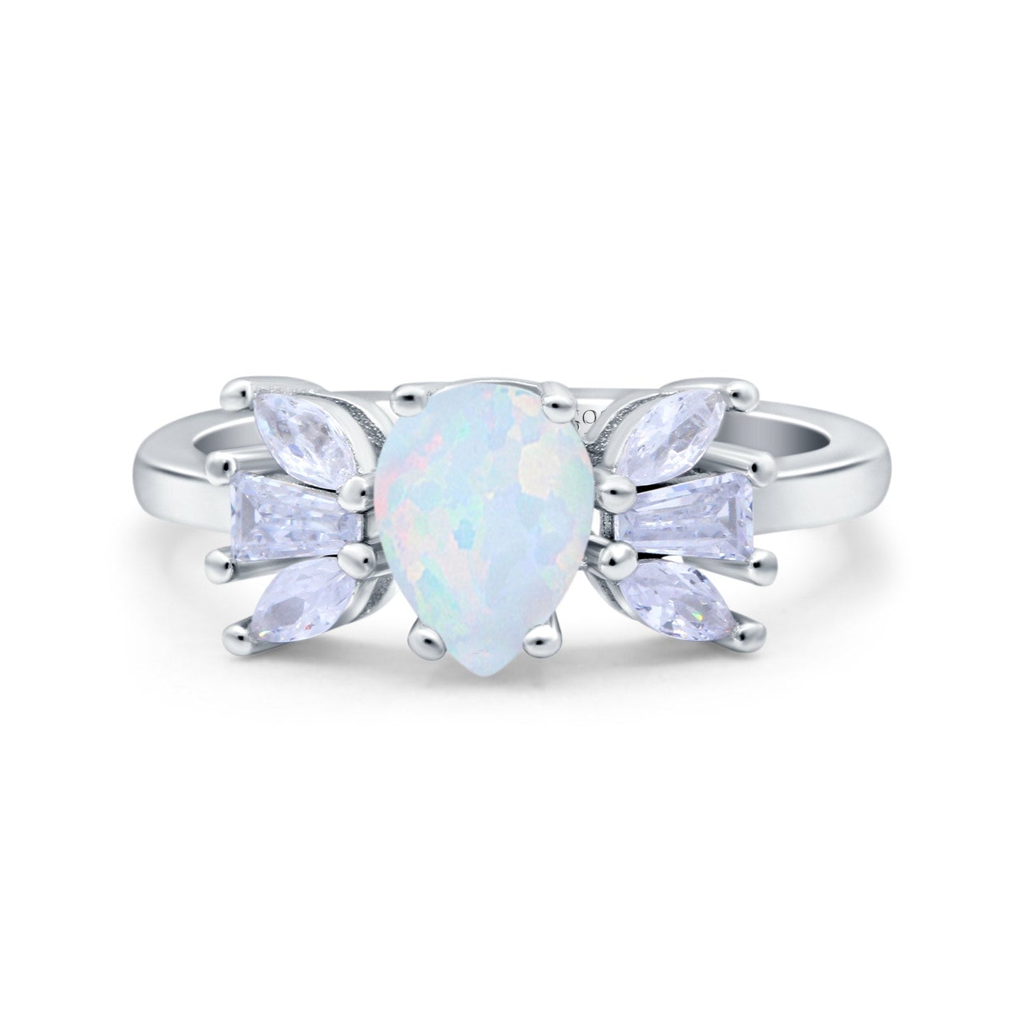 Teardrop Pear Art Deco Lab Created White Opal Wedding Engagement Ring