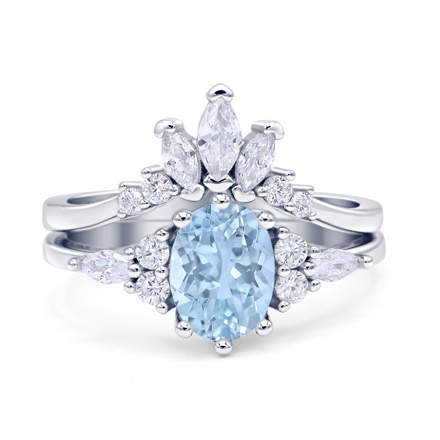 Two Piece Oval Vintage Style Bridal Engagement Ring Simulated Aquamarine