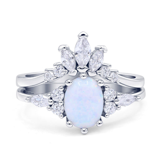 Two Piece Oval Vintage Style Bridal Engagement Ring Lab Created White Opal