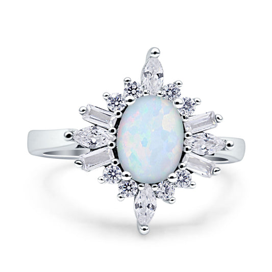 Vintage Style Oval Lab Created White Opal Engagement Ring