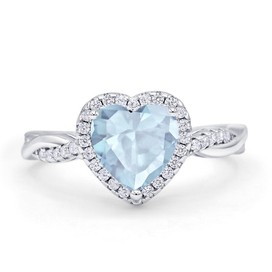 Halo Twisted Infinity Heart Engagement Ring Simulated Aquamarine