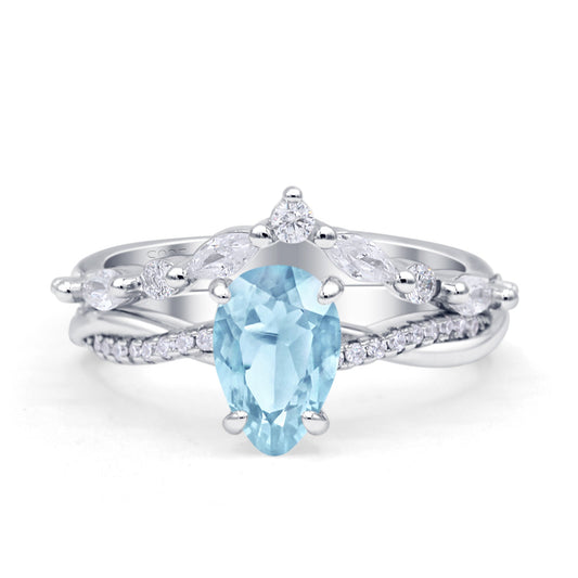 Teardrop Pear Twisted Infinity Style Bridal Two Piece Engagement Ring Simulated Aquamarine