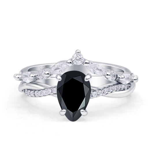 Teardrop Pear Twisted Infinity Style Bridal Two Piece Engagement Ring Simulated Black