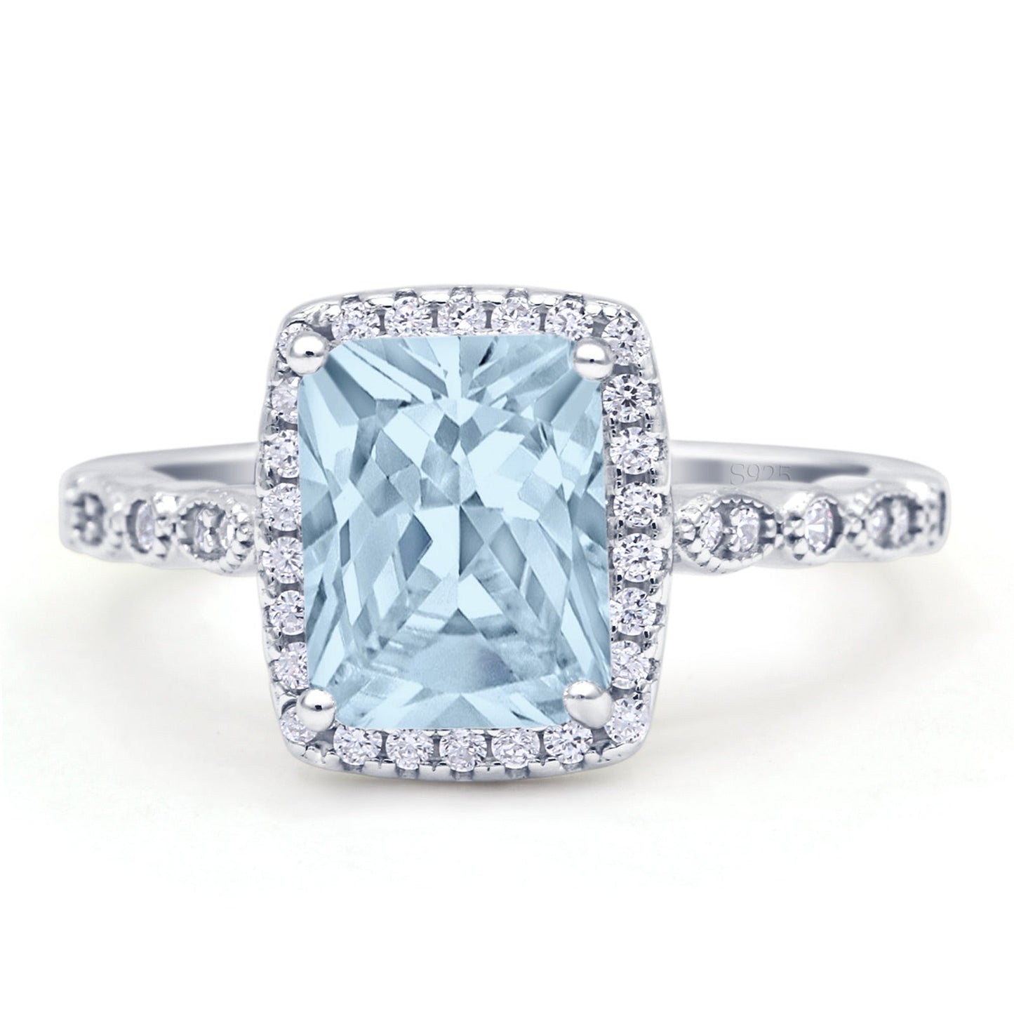 Art Deco Accent Halo Radiant Simulated Aquamarine Engagement Ring