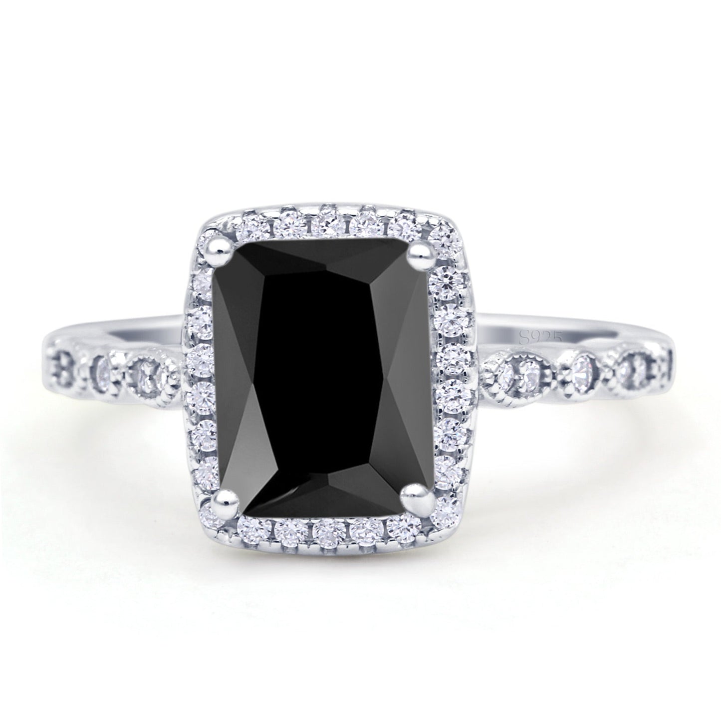 Art Deco Accent Halo Radiant Simulated Black Engagement Ring