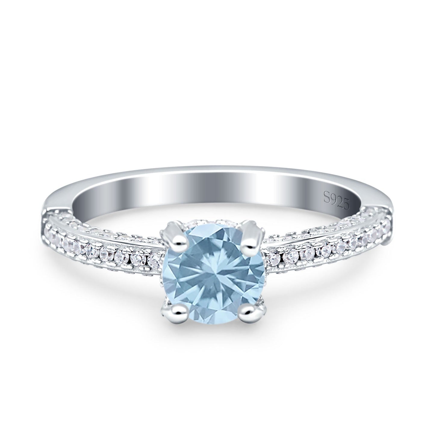 Solitaire Accent Round Simulated Aquamarine CZ Engagement Ring