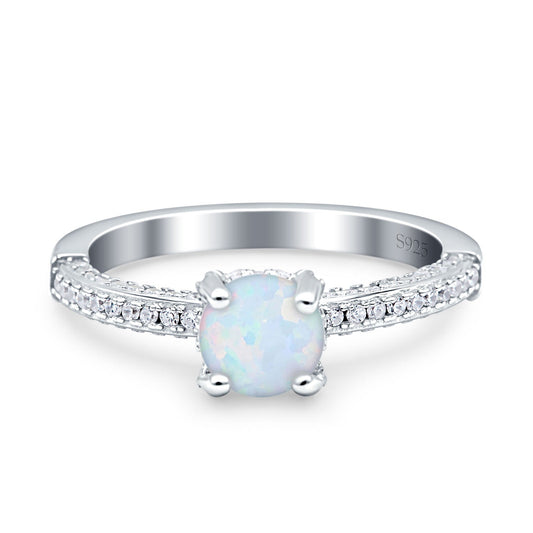 Solitaire Accent Round Lab Created White Opal Engagement Ring