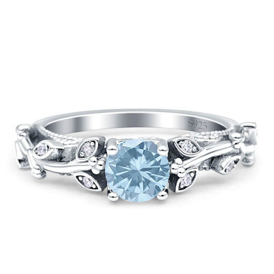 Vintage Style Floral Round Simulated Aquamarine Engagement Ring