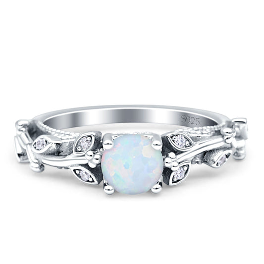 Vintage Style Floral Round Lab Created White Opal Engagement Ring